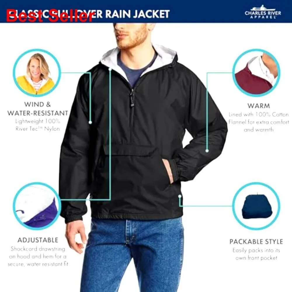 Water-Resistant Windbreaker Pullover with Cotton Flannel Lining